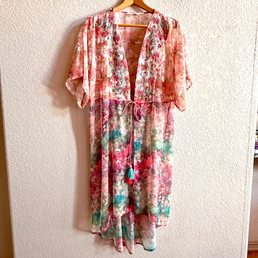 Soft Surroundings Size XL sheer embroidered kimono cover-up pink fairy whimsical